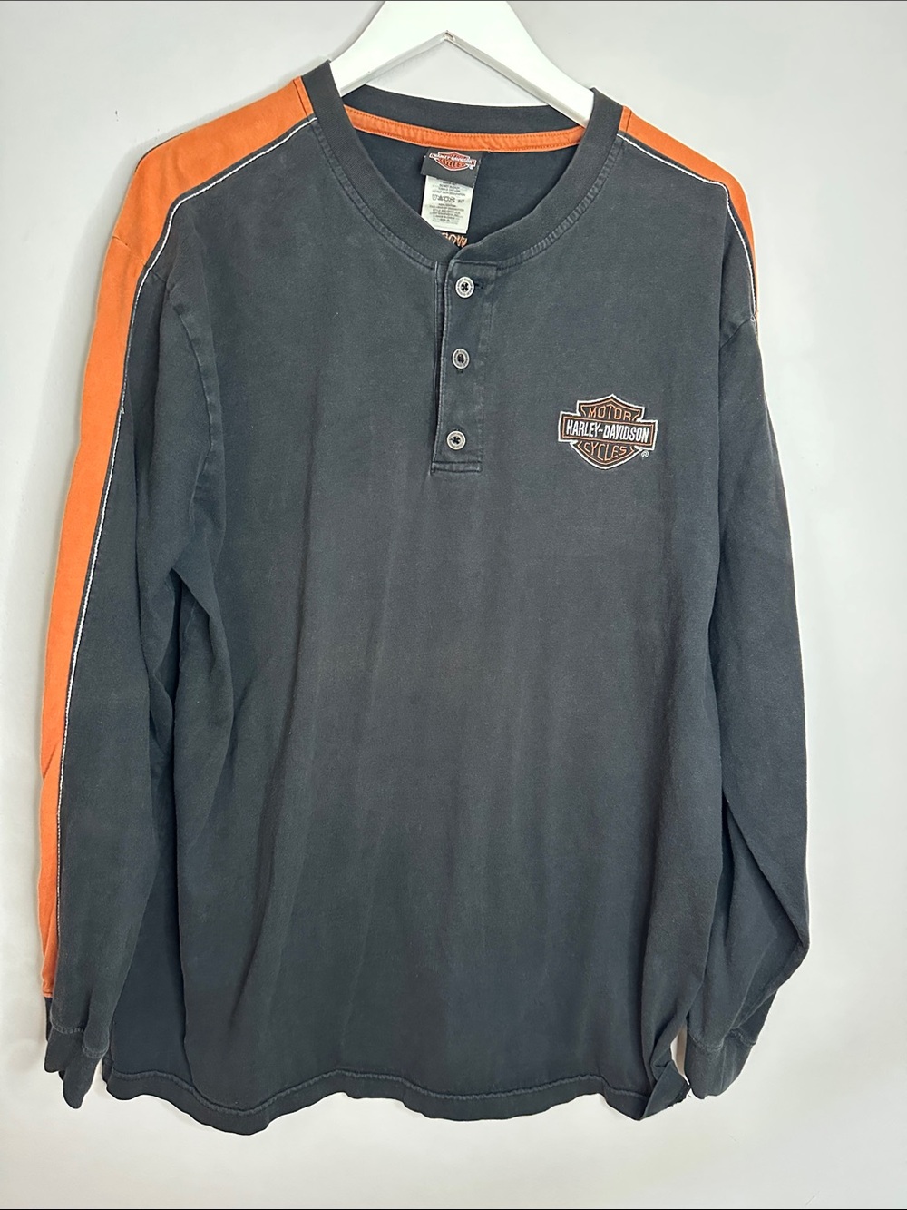Harley-Davidson Black Long Sleeve Henley with Orange Shoulder Stripes size XL
